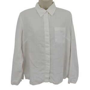 Ecologie Women Large Solid White All Linen Collared Button Shirt Long Sleeve